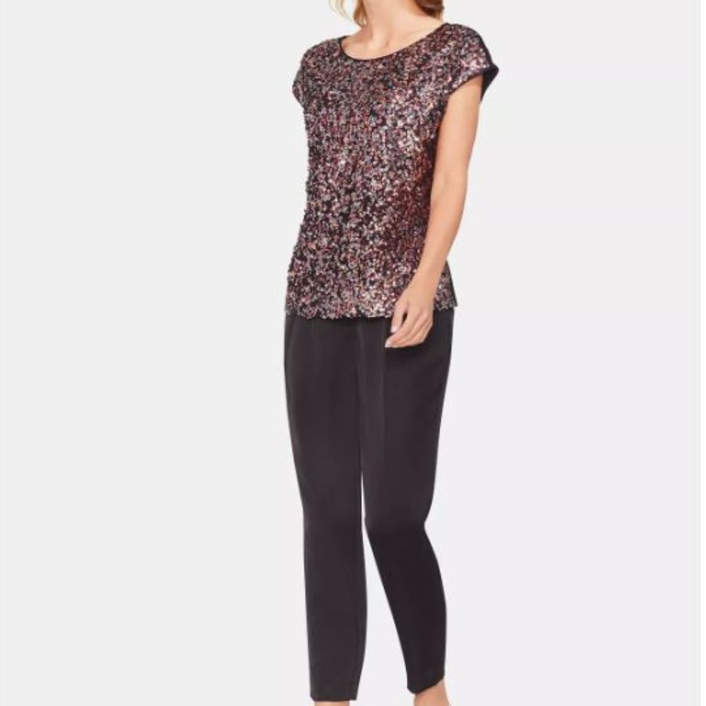 NWT Vince Camuto Extend Shoulder Multi-Sequin Mesh Mix Media Blouse Sweet Coral